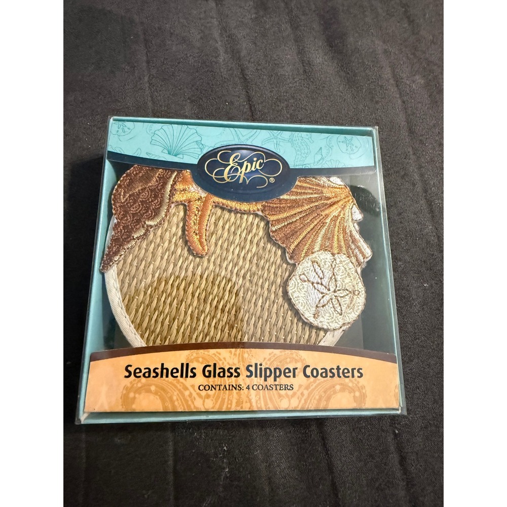 Epic Seashells Glass Slipper Coasters Set of 4 Woven Fabric Seascapes Collection